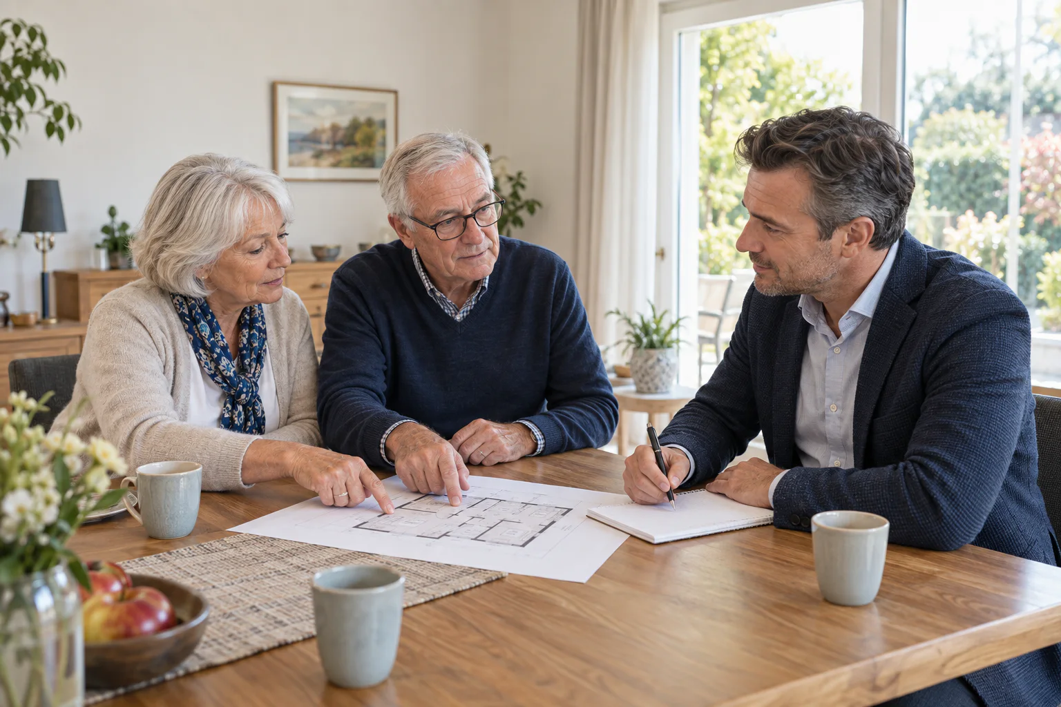Berufserfahrener Mann spricht mit einem älteren Eigentümerpaar über dessen Wohnhaus